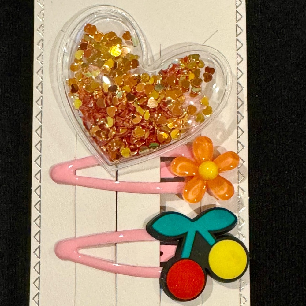 Girls Set of 3 Hair Clips Puffy Heart Cherries